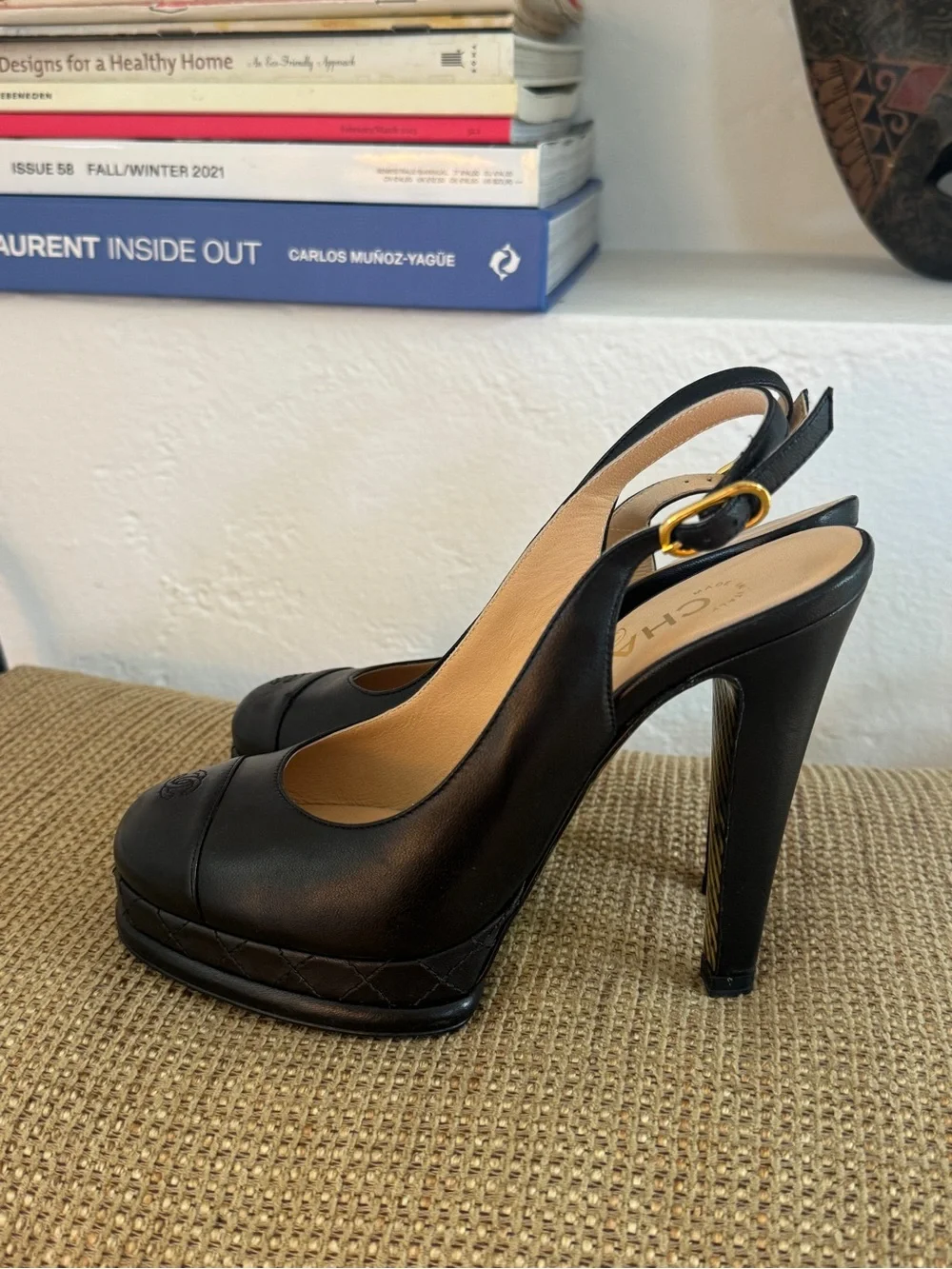 CHANEL Black Leather Slingback Platform Mules